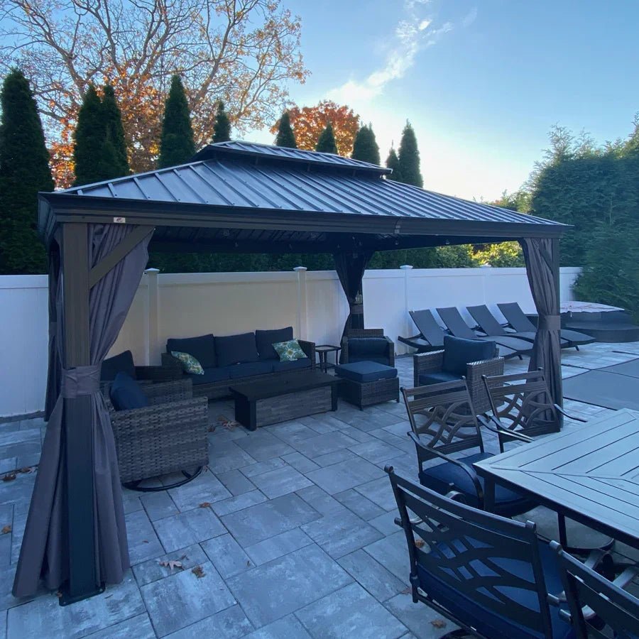 Gazebo for Backyard Grey Hardtop Galvanized Steel Roof Awning String Lights-milky - Image 63