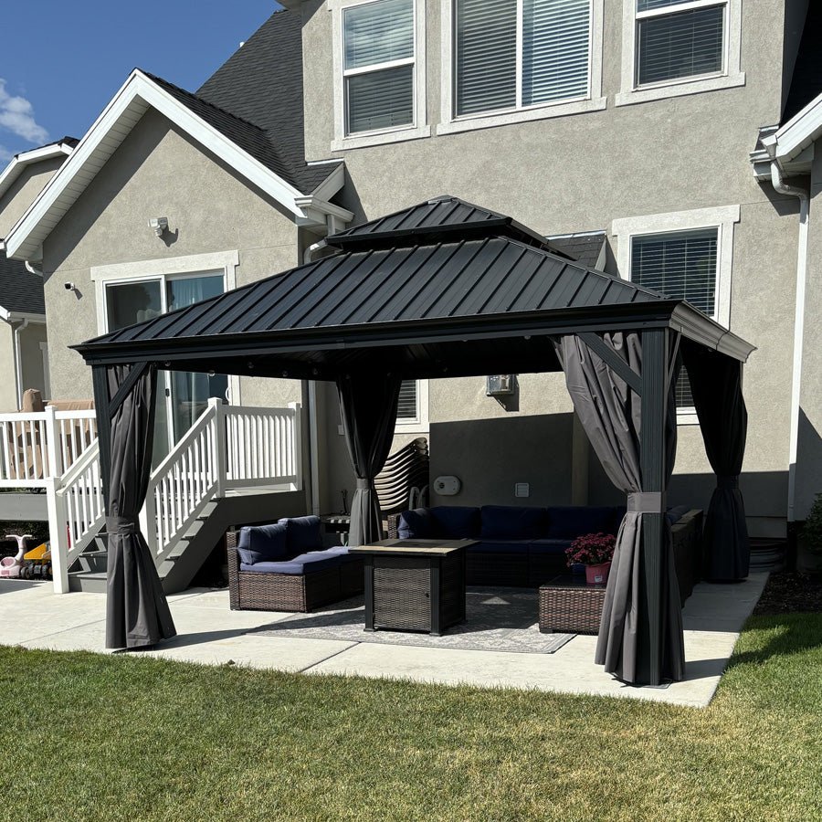 Patio Gazebo for Backyard Grey Hardtop Galvanized Steel Roof Awning with Upgrade Curtain - Image 163