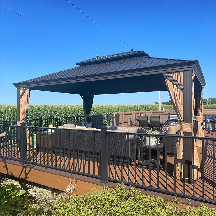 Outdoor Hardtop Gazebo for Garden Bronze Double Roof Aluminum Frame Pavilion with String Lights-milky - Image 71