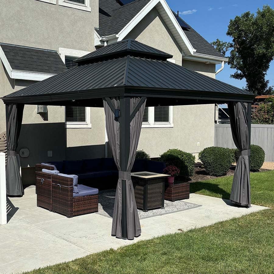 Patio Gazebo for Backyard Grey Hardtop Galvanized Steel Roof Awning with Upgrade Curtain - Image 78