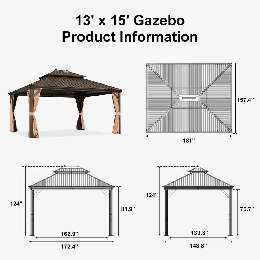 Outdoor Hardtop Gazebo for Garden Bronze Double Roof Aluminum Frame Pavilion with String Lights-milky - Image 128
