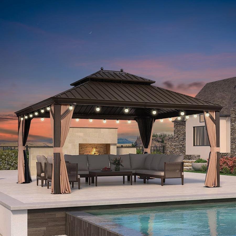 Outdoor Hardtop Gazebo for Garden Bronze Double Roof Aluminum Frame Pavilion with String Lights-milky - Image 75