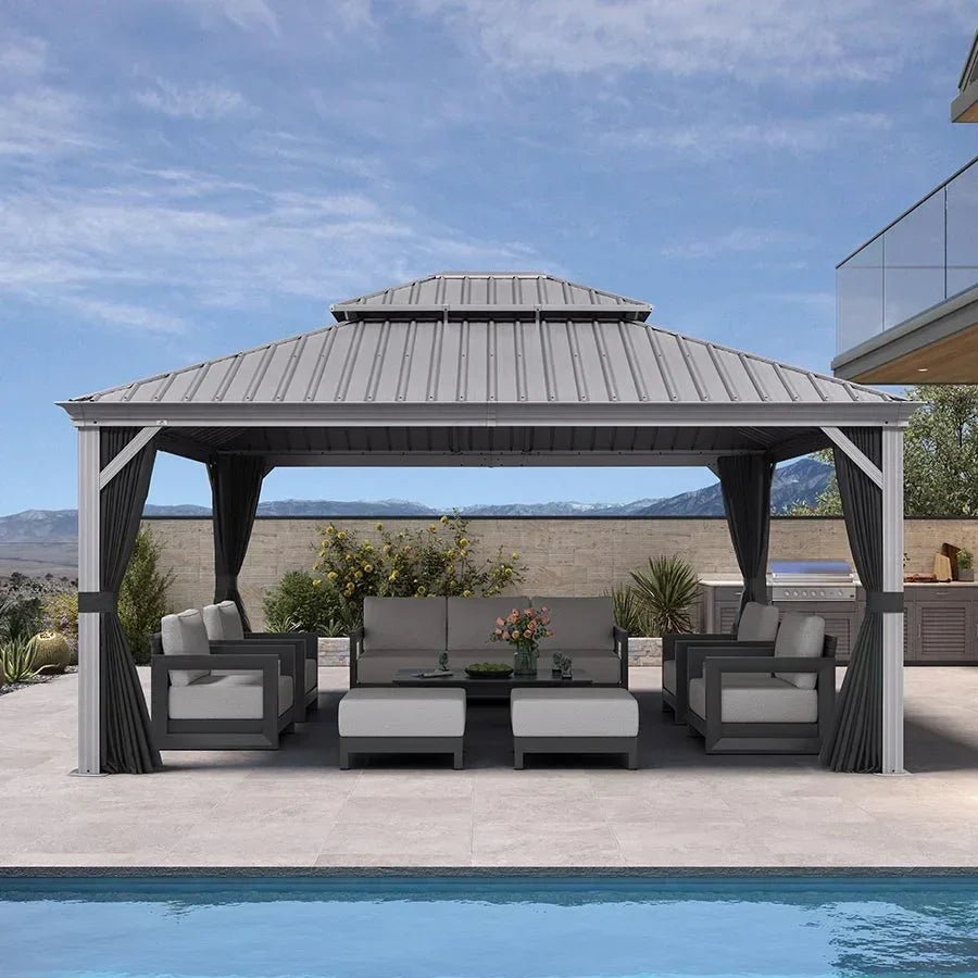 Patio Gazebo for Pool Light Grey Hardtop Galvanized Steel Roof with String Lights-milky - Image 80