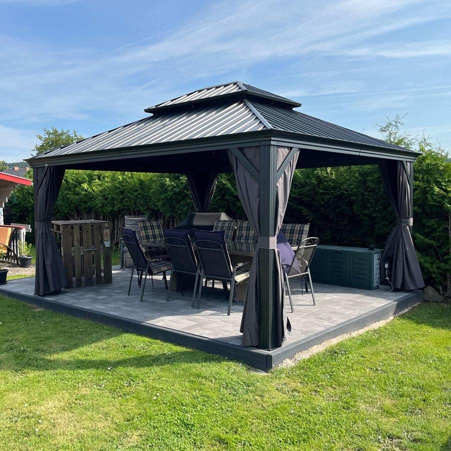 Patio Gazebo for Backyard Grey Hardtop Galvanized Steel Roof Awning with Upgrade Curtain - Image 105