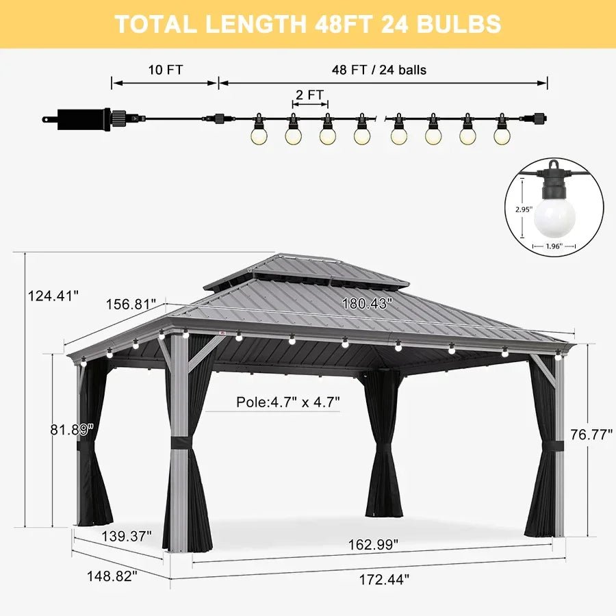 Patio Gazebo for Pool Light Grey Hardtop Galvanized Steel Roof with String Lights-milky - Image 96