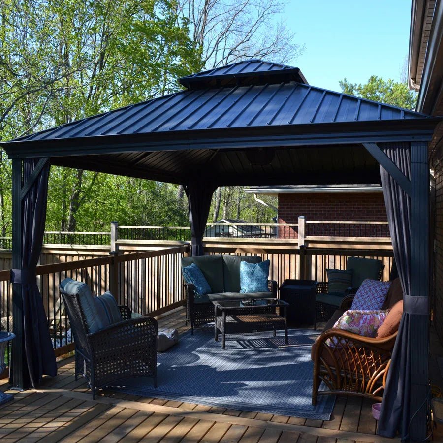 Patio Gazebo for Backyard Grey Hardtop Galvanized Steel Roof Awning with Upgrade Curtain - Image 113