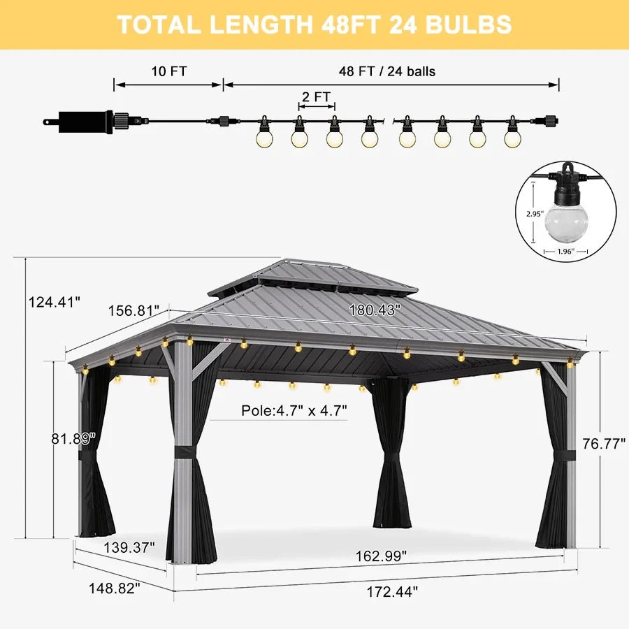 Patio Gazebo for Pool Light Grey Hardtop Galvanized Steel Roof with String Lights-clear - Image 98