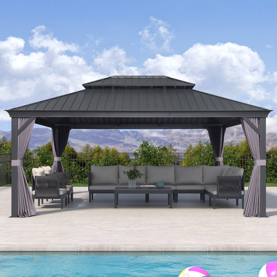 Patio Gazebo for Backyard Grey Hardtop Galvanized Steel Roof Awning with Upgrade Curtain - Image 101