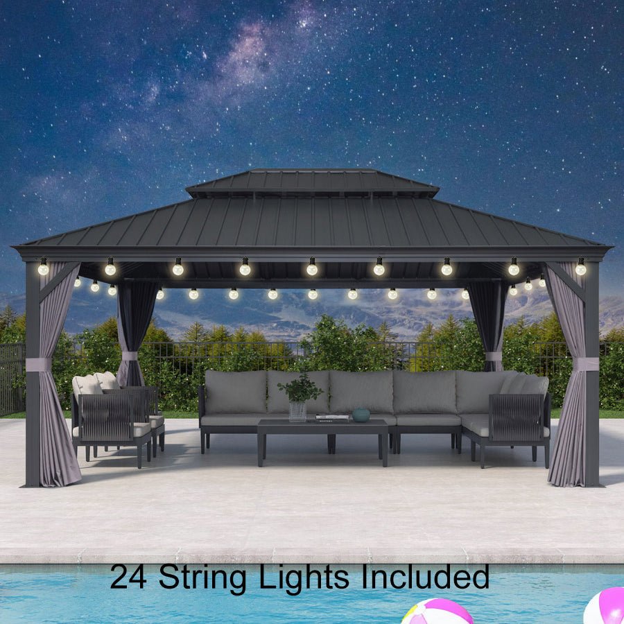 Gazebo for Backyard Grey Hardtop Galvanized Steel Roof Awning with String Lights-clear - Image 82
