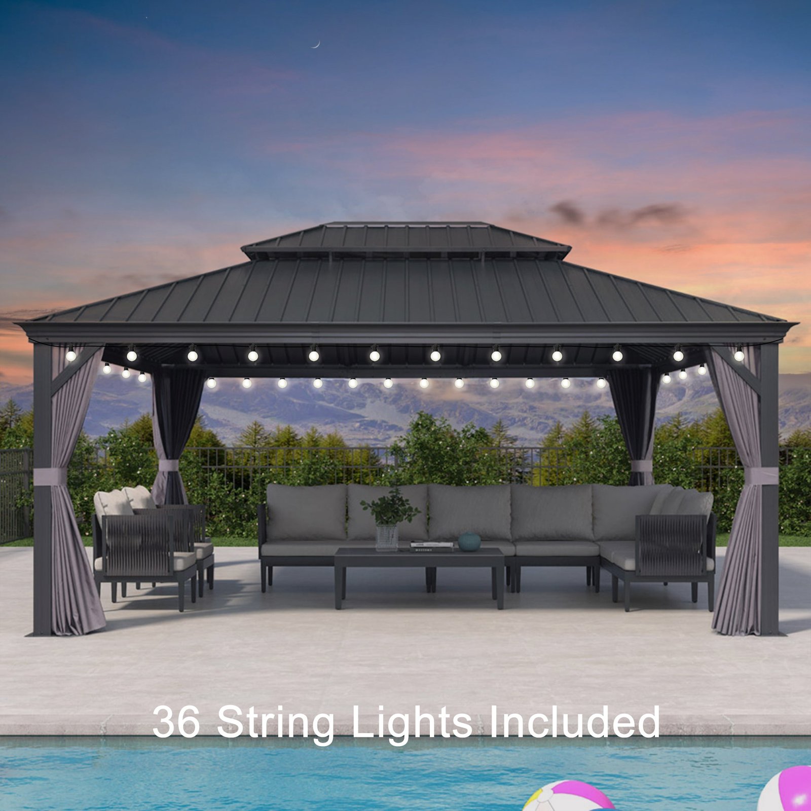 Gazebo for Backyard Grey Hardtop Galvanized Steel Roof Awning String Lights-milky - Image 38