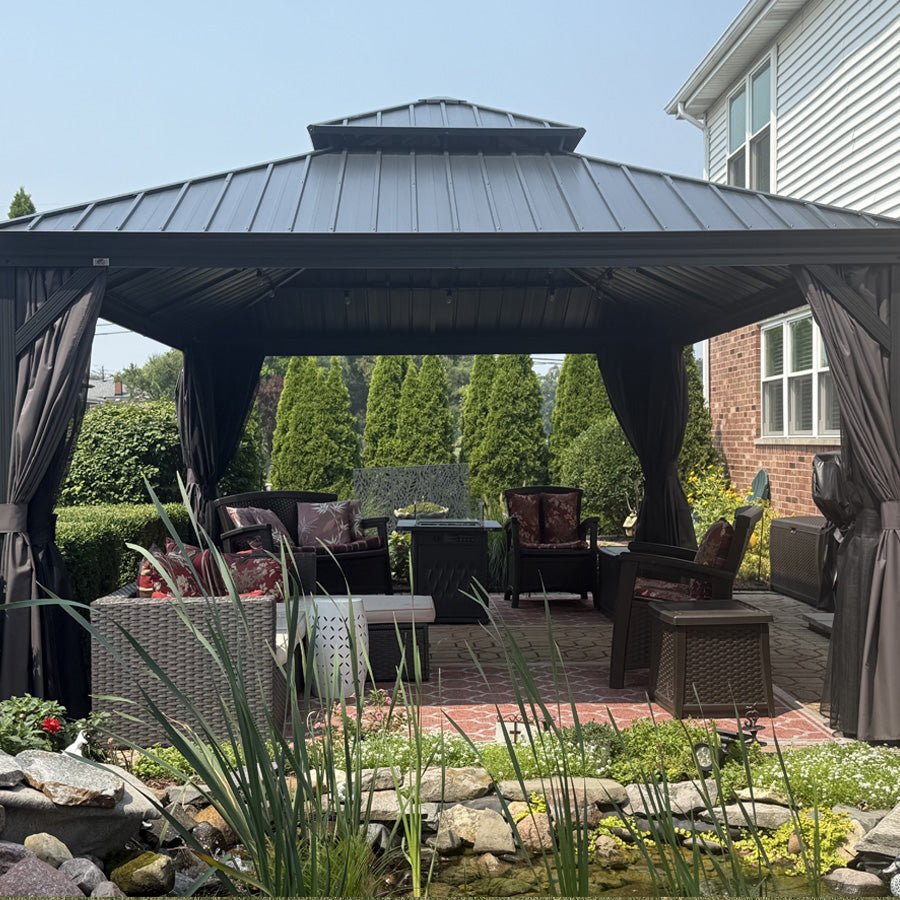 Gazebo for Backyard Grey Hardtop Galvanized Steel Roof Awning String Lights-milky - Image 103