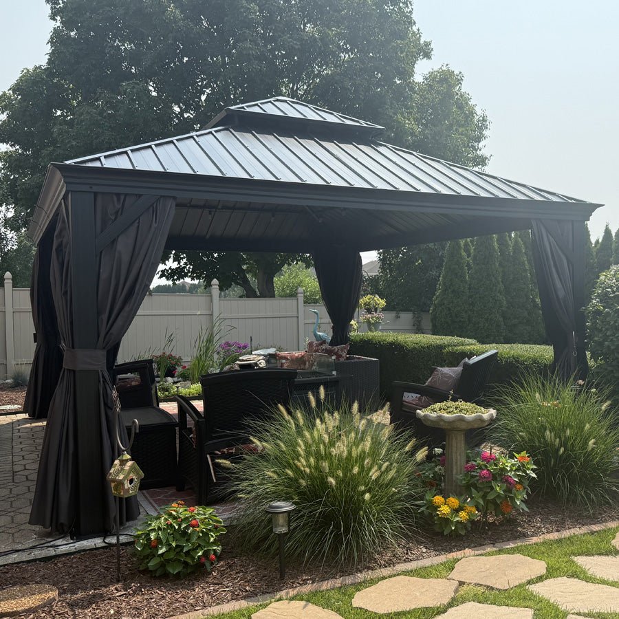 Gazebo for Backyard Grey Hardtop Galvanized Steel Roof Awning with String Lights-clear - Image 133
