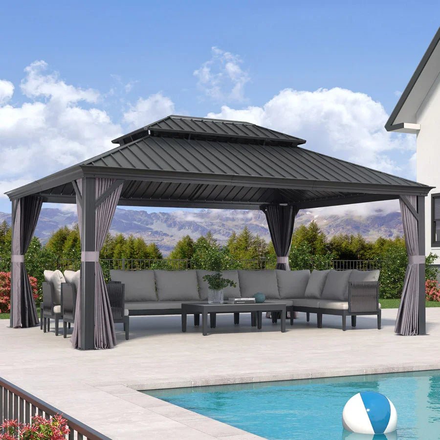 Patio Gazebo for Backyard Grey Hardtop Galvanized Steel Roof Awning with Upgrade Curtain - Image 108