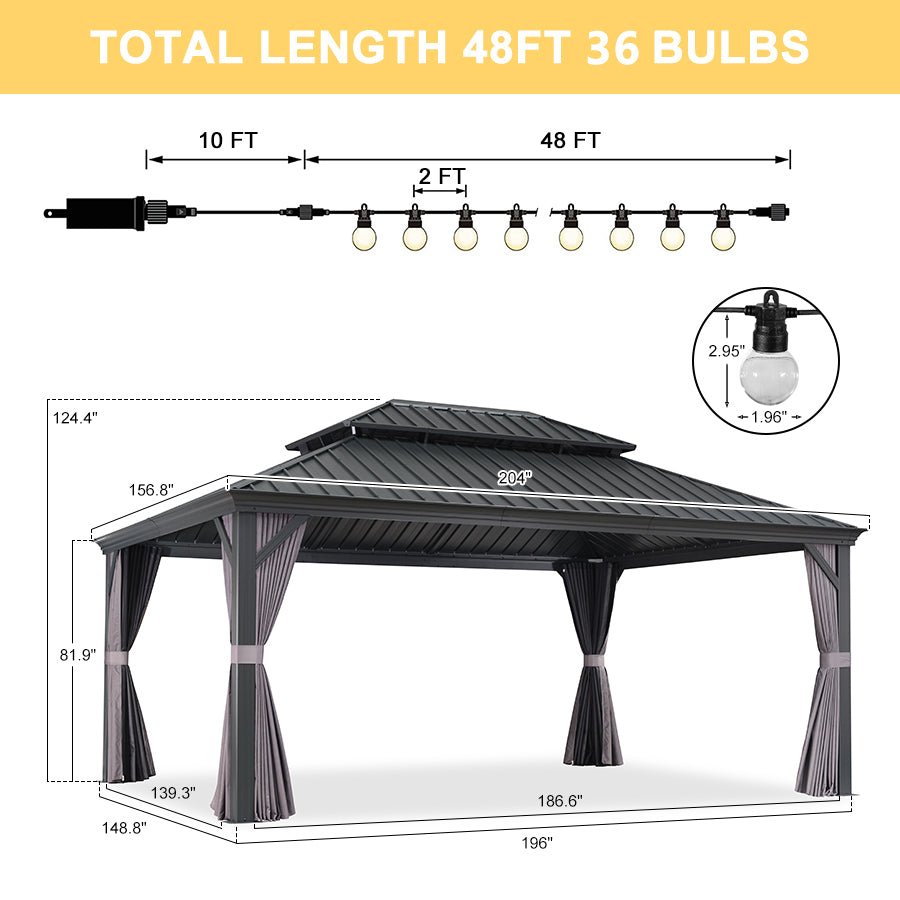 Gazebo for Backyard Grey Hardtop Galvanized Steel Roof Awning with String Lights-clear - Image 83