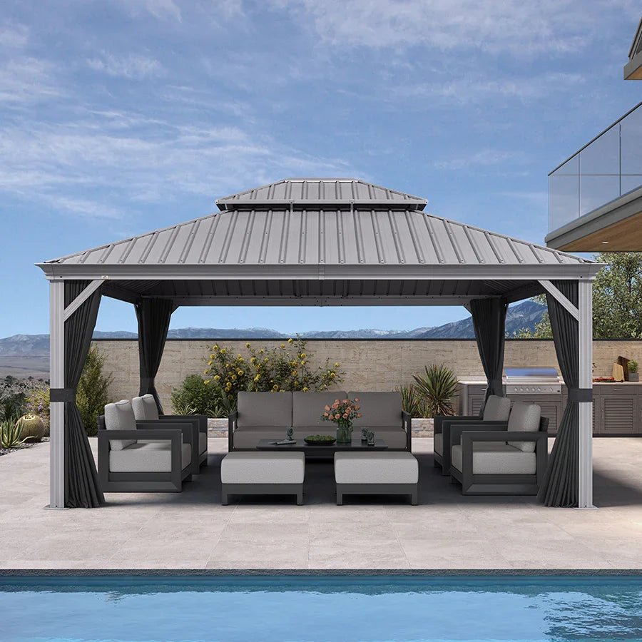 Patio Gazebo for Pool Light Grey Hardtop Galvanized Steel Roof with Upgraded Curtains - Image 110