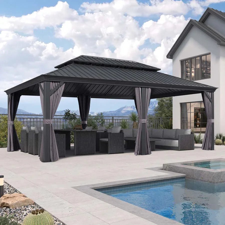 Patio Gazebo for Backyard Grey Hardtop Galvanized Steel Roof Awning with Upgrade Curtain - Image 121