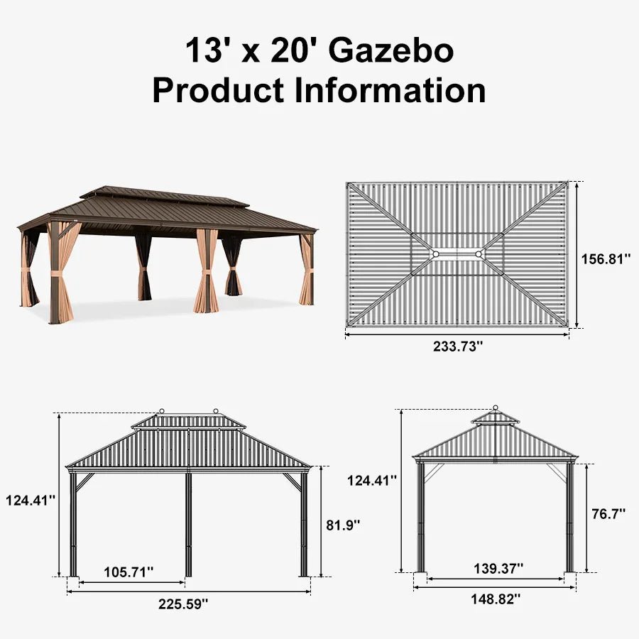 Outdoor Hardtop Gazebo for Garden Bronze Double Roof Aluminum Frame Pavilion with String Lights-milky - Image 137