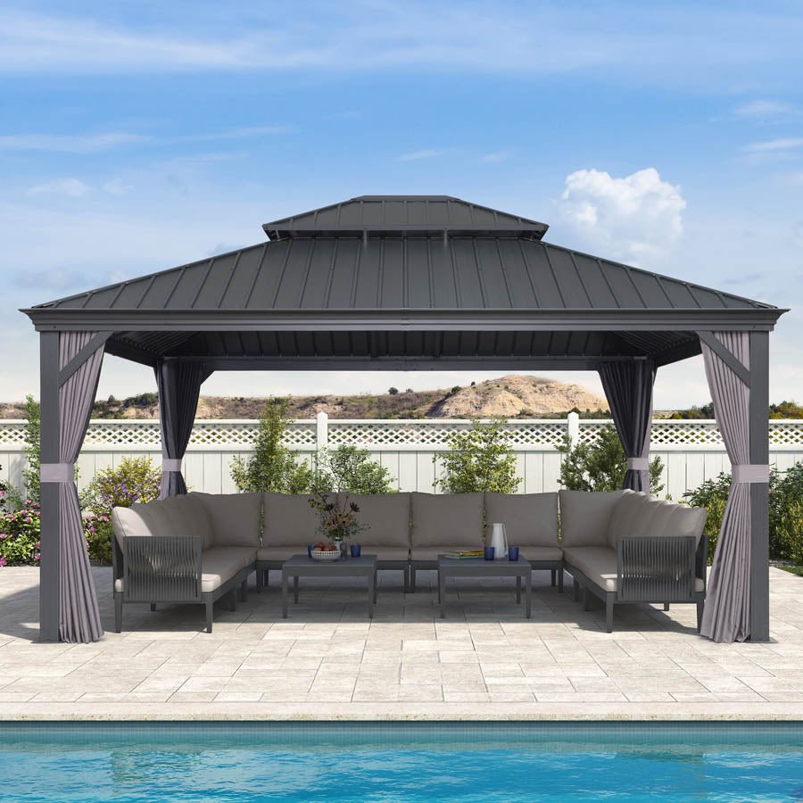 Patio Gazebo for Backyard Grey Hardtop Galvanized Steel Roof Awning with Upgrade Curtain - Image 102