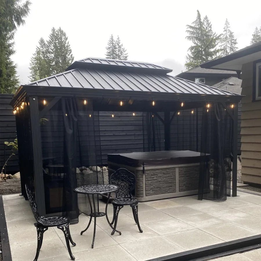 Gazebo for Backyard Grey Hardtop Galvanized Steel Roof Awning String Lights-milky - Image 62