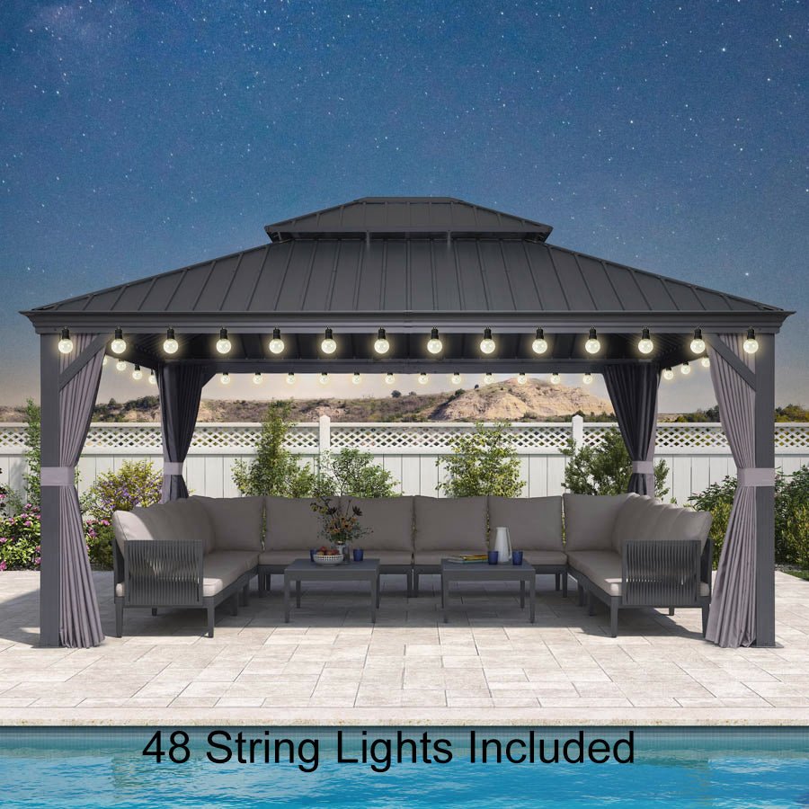 Gazebo for Backyard Grey Hardtop Galvanized Steel Roof Awning with String Lights-clear - Image 79