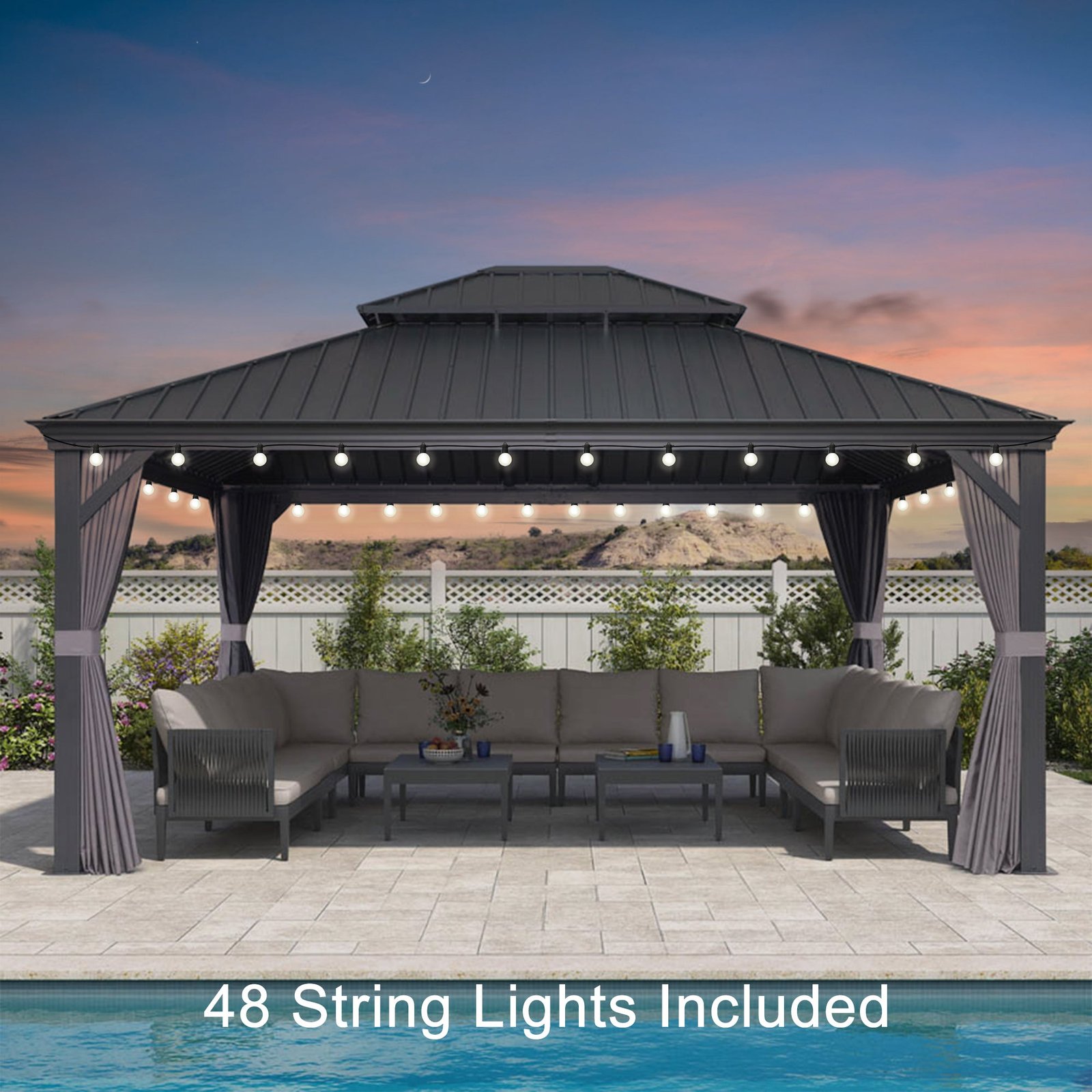 Gazebo for Backyard Grey Hardtop Galvanized Steel Roof Awning String Lights-milky - Image 41