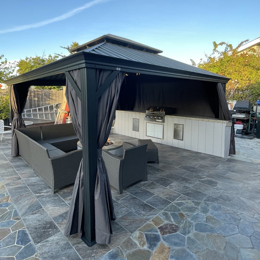 Gazebo for Backyard Grey Hardtop Galvanized Steel Roof Awning String Lights-milky - Image 110