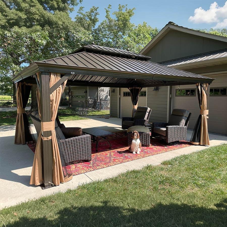 Outdoor Hardtop Gazebo for Garden Bronze Double Roof Aluminum Frame Pavilion with String Lights-milky - Image 2