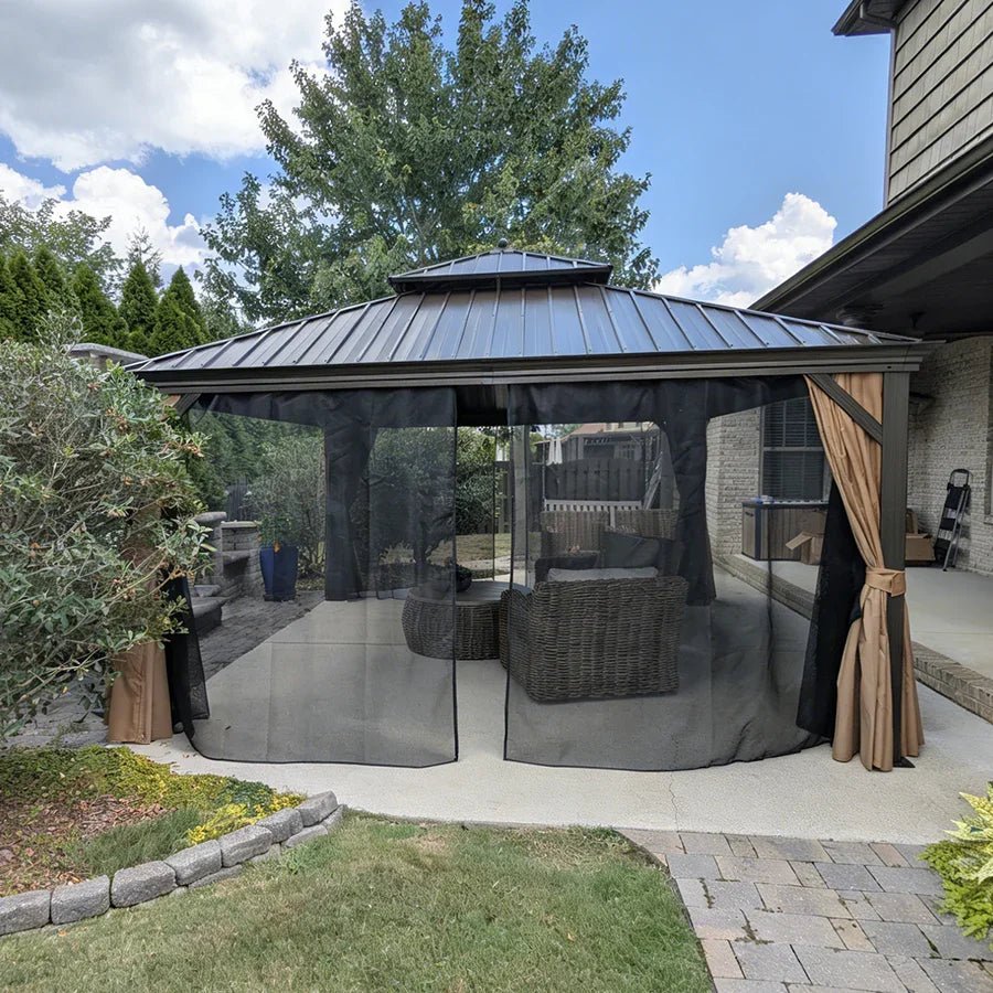 Outdoor Hardtop Gazebo for Garden Bronze Double Roof Aluminum Frame Pavilion with String Lights-milky - Image 115