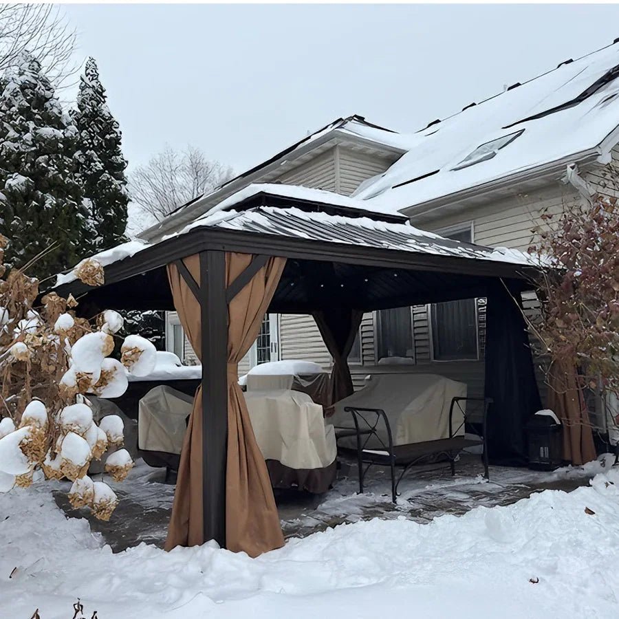 Outdoor Hardtop Gazebo for Garden Bronze Double Roof Aluminum Frame Pavilion with String Lights-milky - Image 103