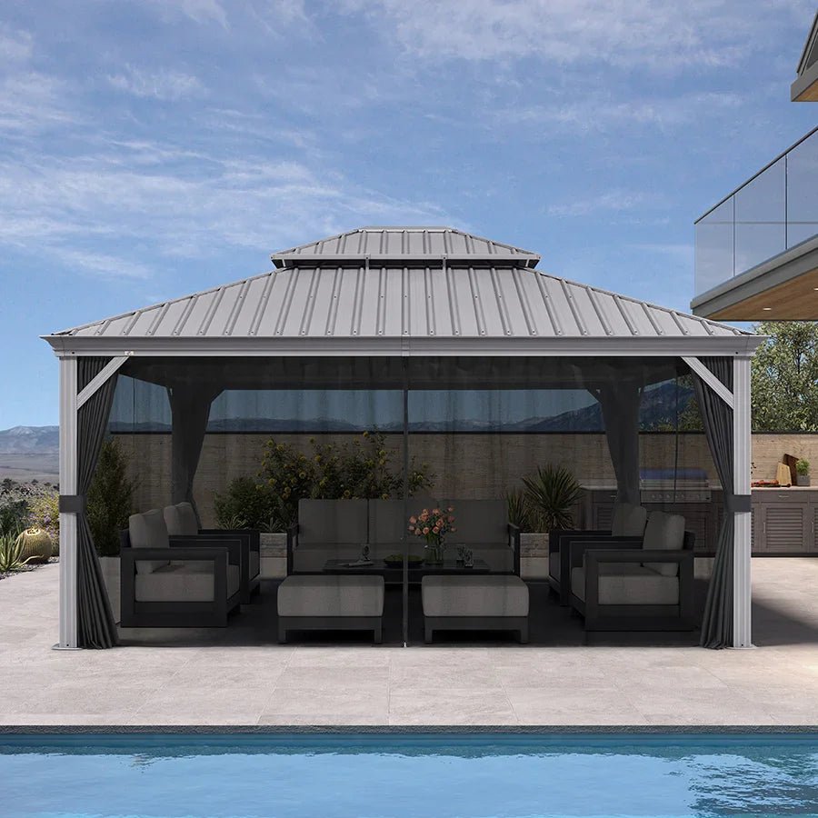 Patio Gazebo for Pool Light Grey Hardtop Galvanized Steel Roof with Upgraded Curtains - Image 111