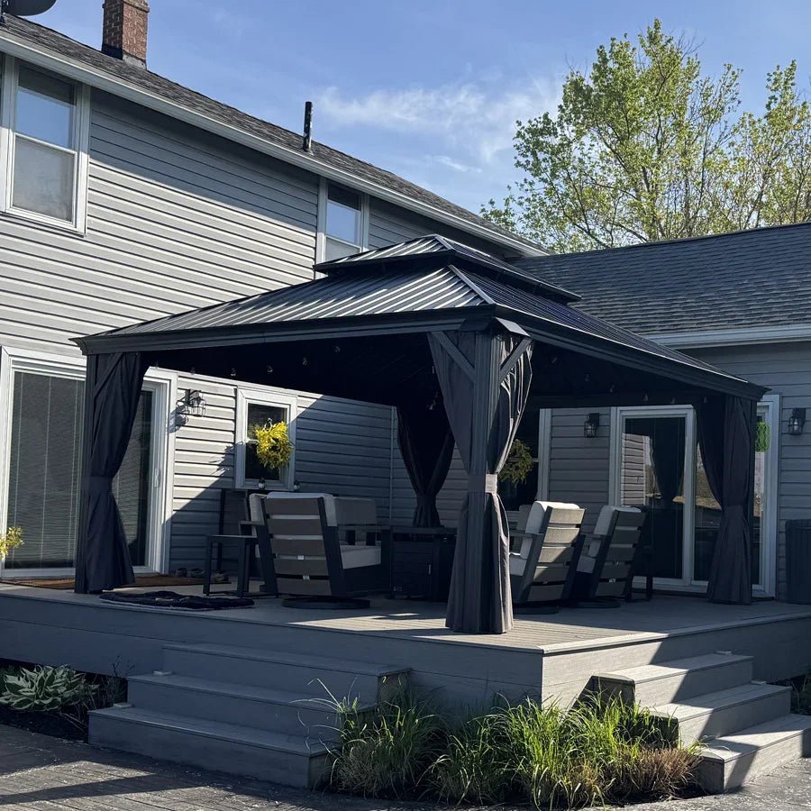 Patio Gazebo for Backyard Grey Hardtop Galvanized Steel Roof Awning with Upgrade Curtain - Image 112