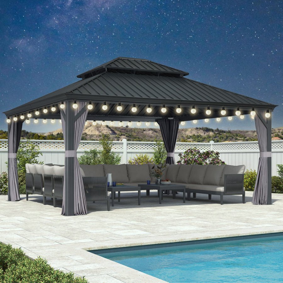 Gazebo for Backyard Grey Hardtop Galvanized Steel Roof Awning with String Lights-clear - Image 78