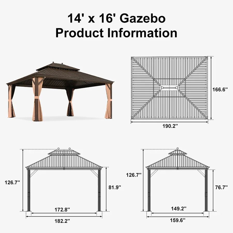 Outdoor Hardtop Gazebo for Garden Bronze Double Roof Aluminum Frame Pavilion with String Lights-milky - Image 138