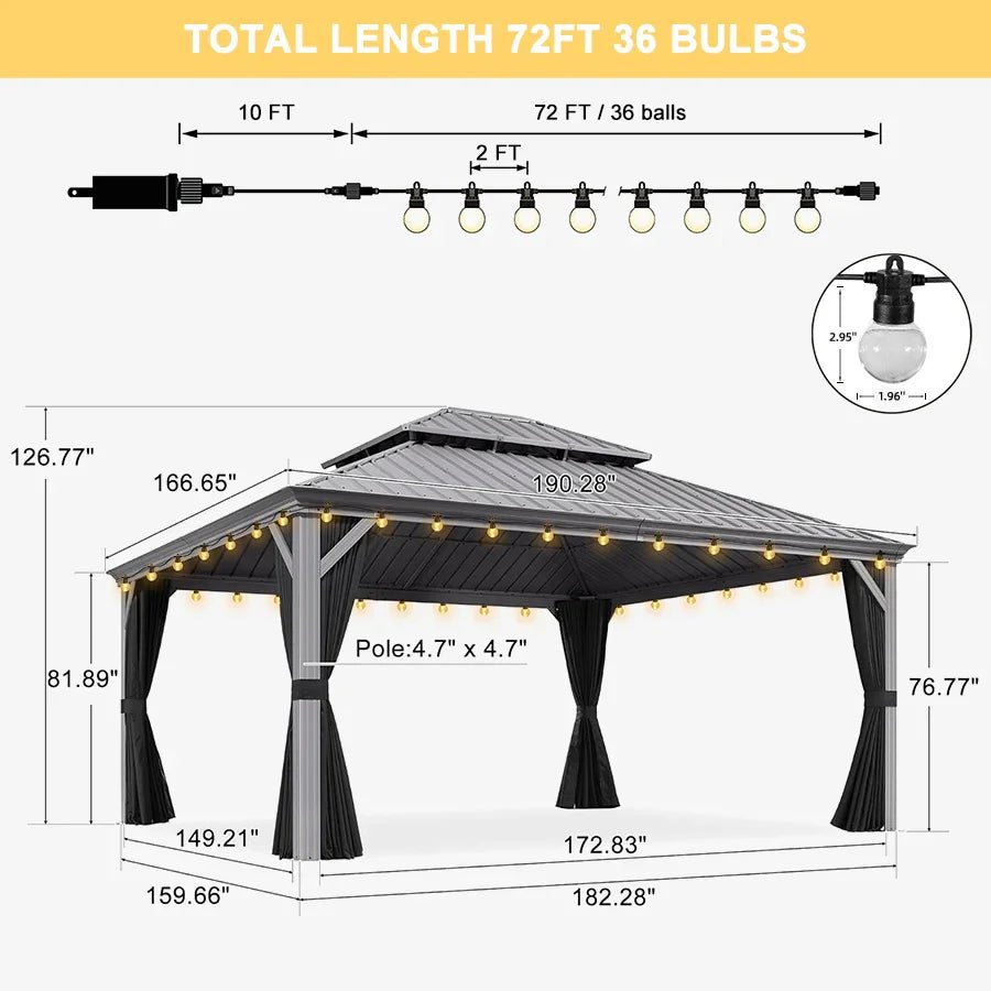 Patio Gazebo for Pool Light Grey Hardtop Galvanized Steel Roof with String Lights-clear - Image 104