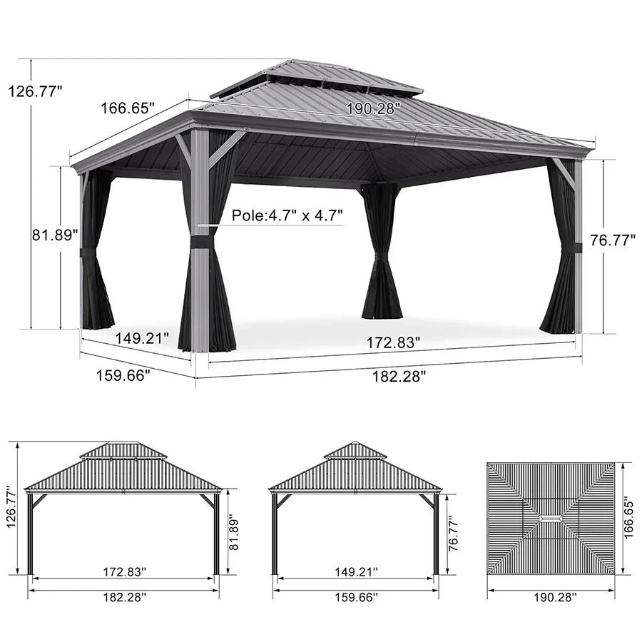 Patio Gazebo for Pool Light Grey Hardtop Galvanized Steel Roof with Upgraded Curtains - Image 124