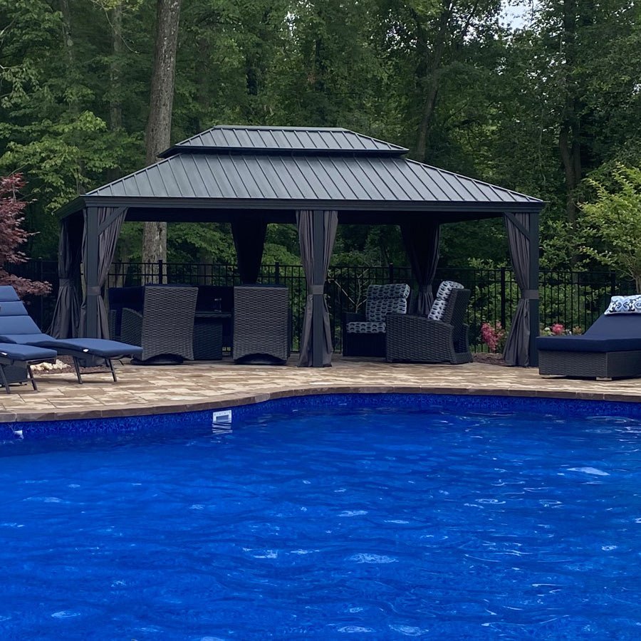 Patio Gazebo for Backyard Grey Hardtop Galvanized Steel Roof Awning with Upgrade Curtain - Image 171