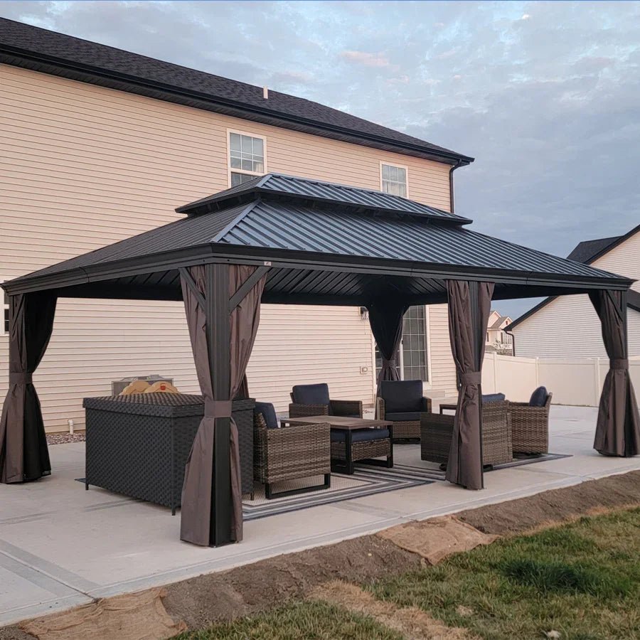 Patio Gazebo for Backyard Grey Hardtop Galvanized Steel Roof Awning with Upgrade Curtain - Image 127