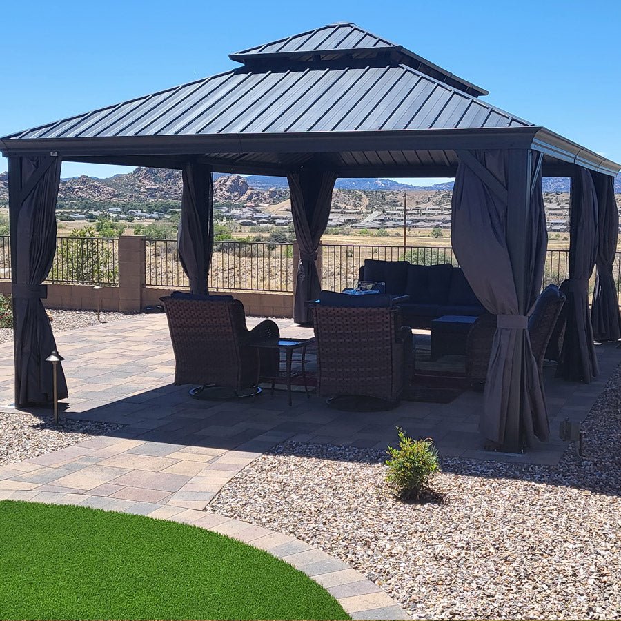 Gazebo for Backyard Grey Hardtop Galvanized Steel Roof Awning String Lights-milky - Image 107
