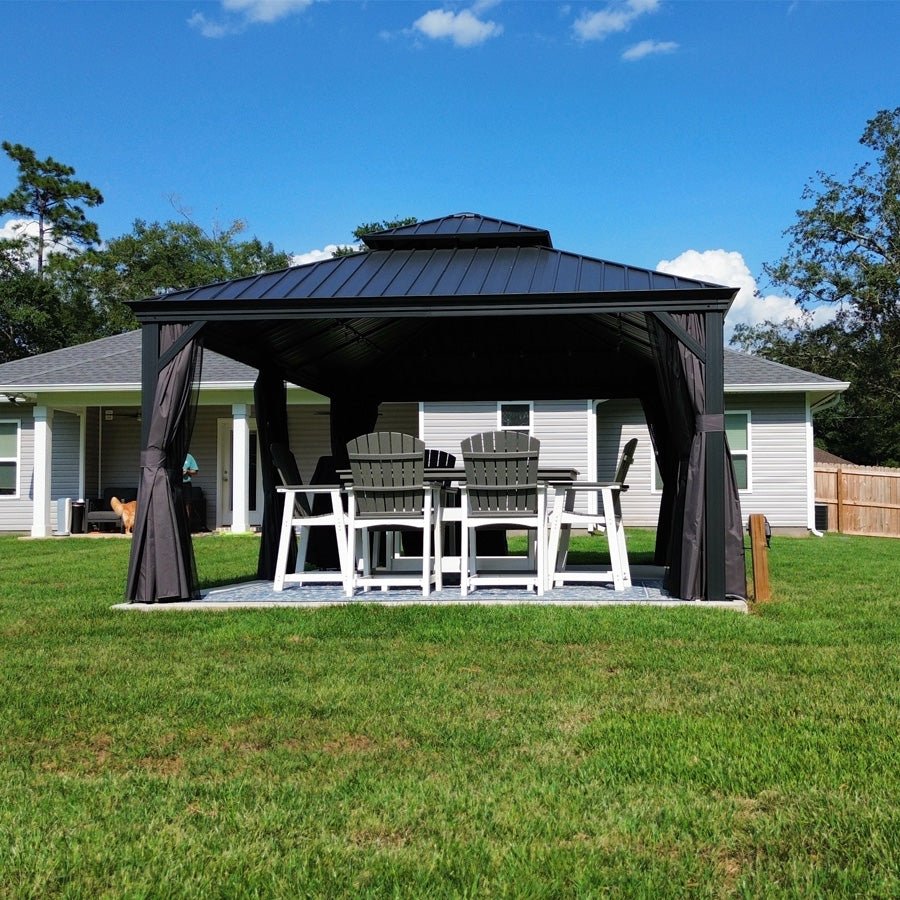 Gazebo for Backyard Grey Hardtop Galvanized Steel Roof Awning with String Lights-clear - Image 135