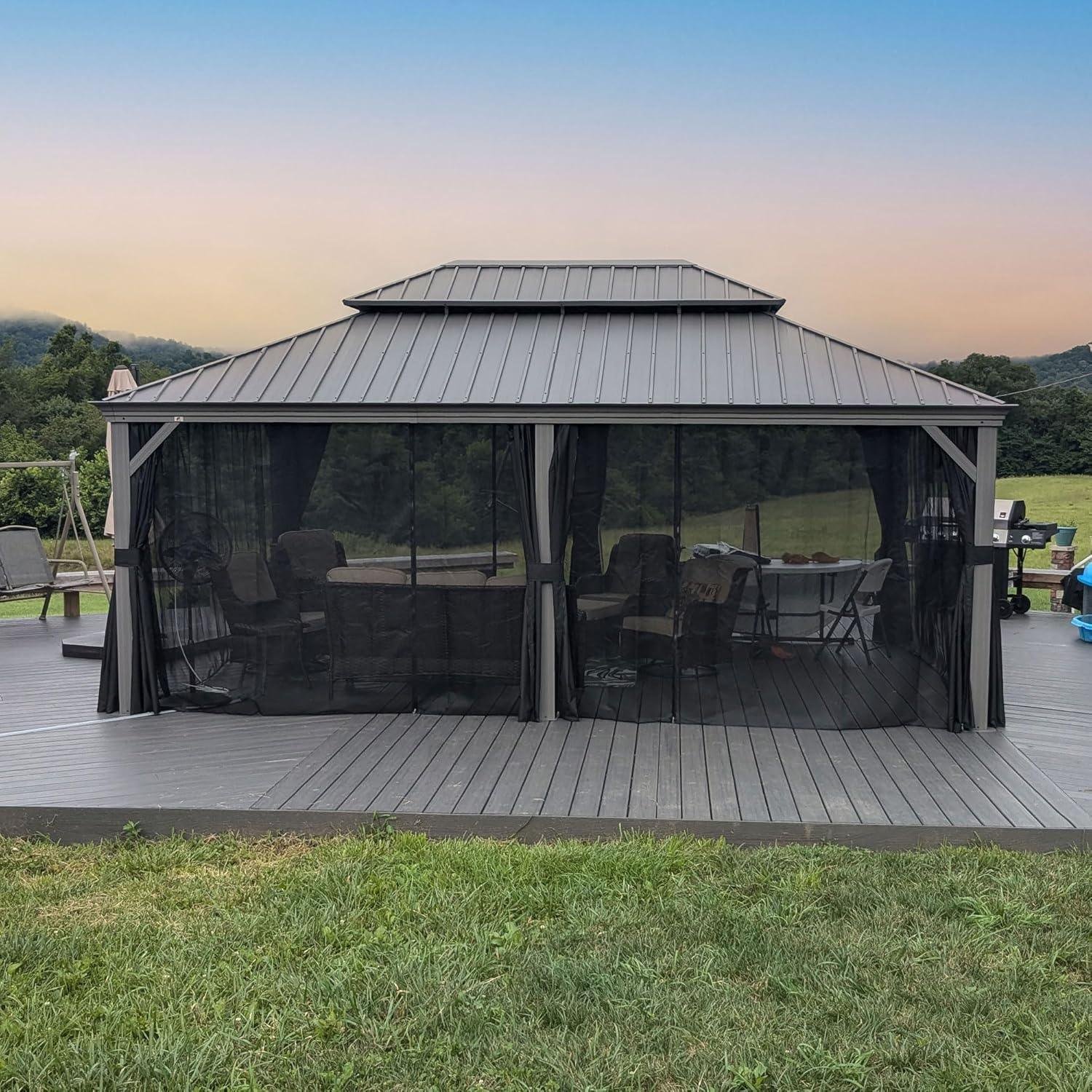 Patio Gazebo for Pool Light Grey Hardtop Galvanized Steel Roof with String Lights-clear - Image 31