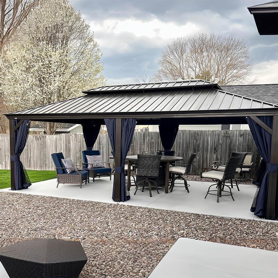 Outdoor Hardtop Gazebo for Patio Bronze Aluminum Frame Pavilion with Navy-Blue Curtain and String Lights-milky - Image 61