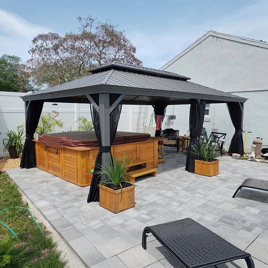 Patio Gazebo for Pool Light Grey Hardtop Galvanized Steel Roof with String Lights-clear - Image 3