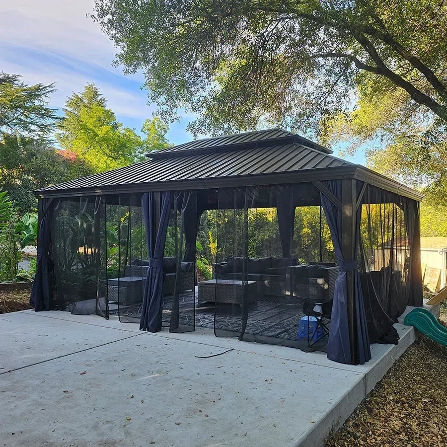 Outdoor Hardtop Gazebo for Patio Bronze Aluminum Frame Pavilion with Navy-Blue Curtain and String Lights-milky - Image 117