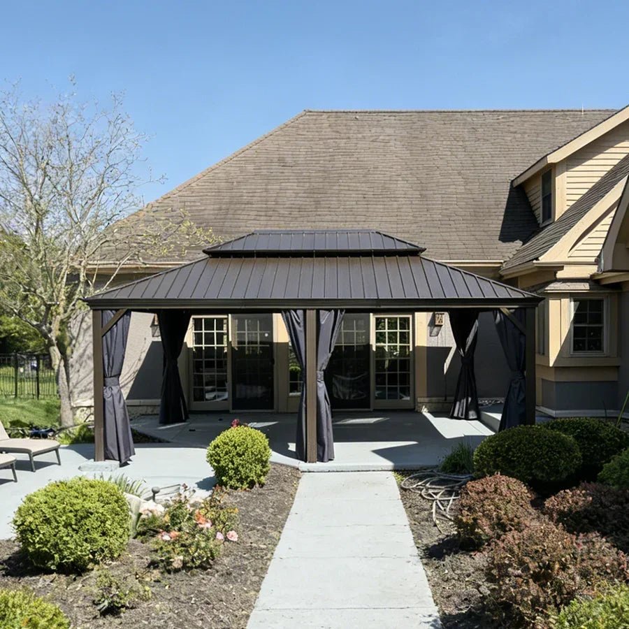 Outdoor Hardtop Gazebo for Patio Bronze Aluminum Frame Pavilion with Navy-Blue Curtain and String Lights-milky - Image 116