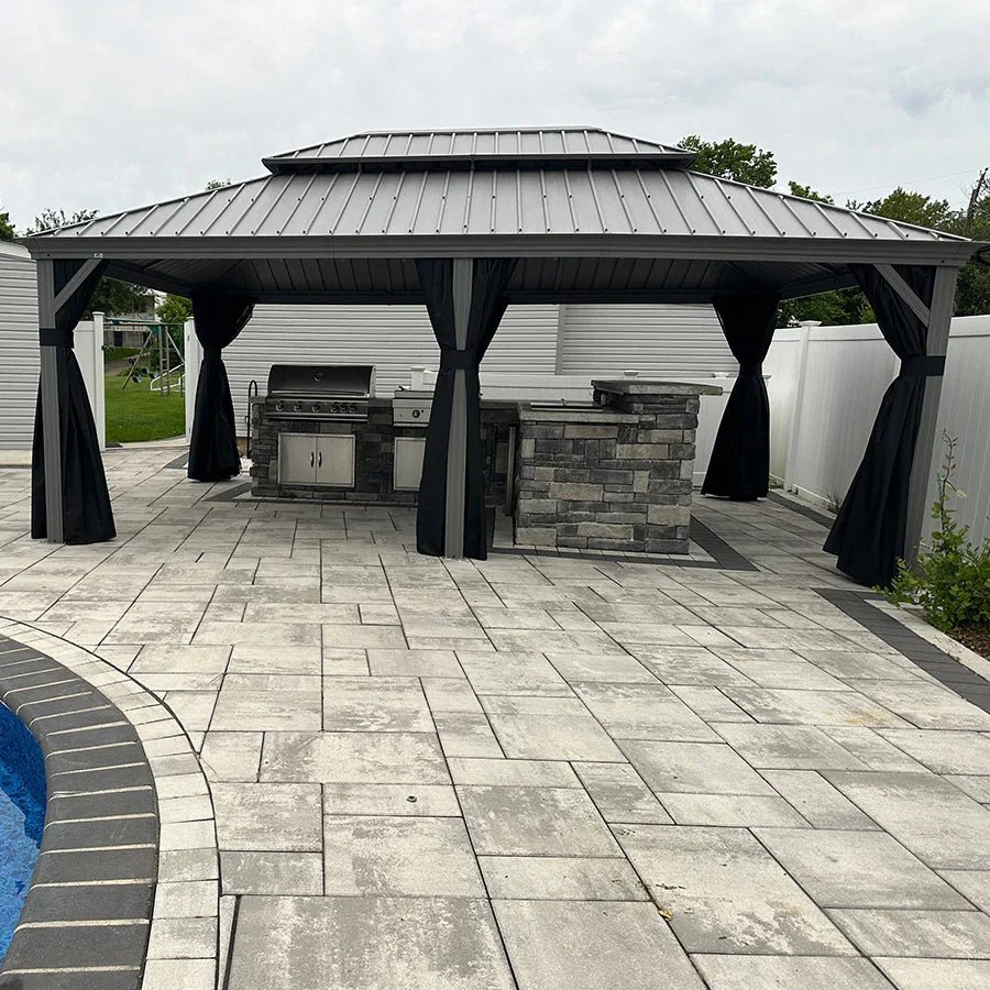 Patio Gazebo for Pool Light Grey Hardtop Galvanized Steel Roof with String Lights-clear - Image 68