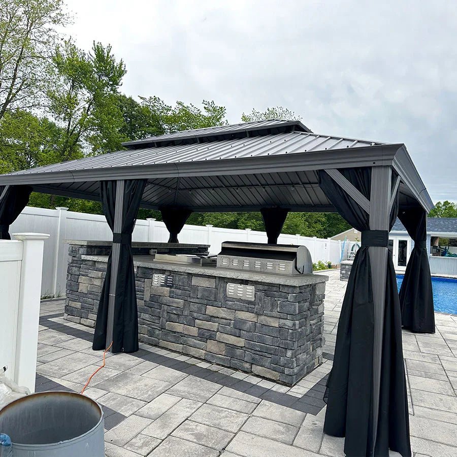 Patio Gazebo for Pool Light Grey Hardtop Galvanized Steel Roof with Upgraded Curtains - Image 79