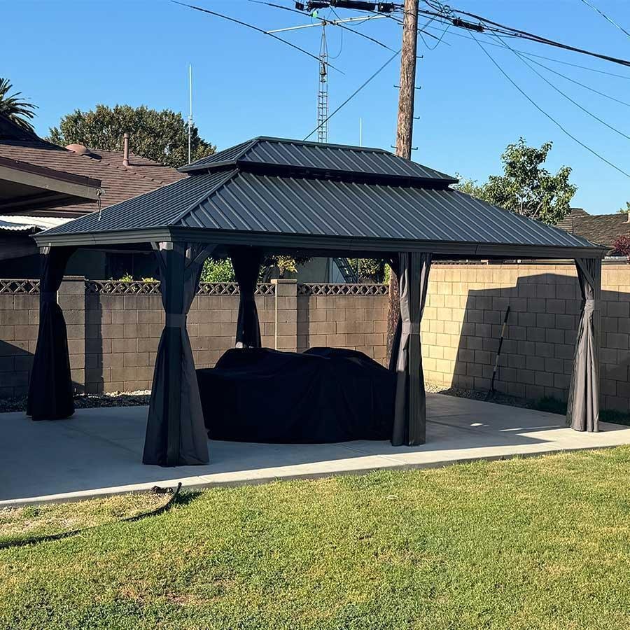 Patio Gazebo for Backyard Grey Hardtop Galvanized Steel Roof Awning with Upgrade Curtain - Image 65