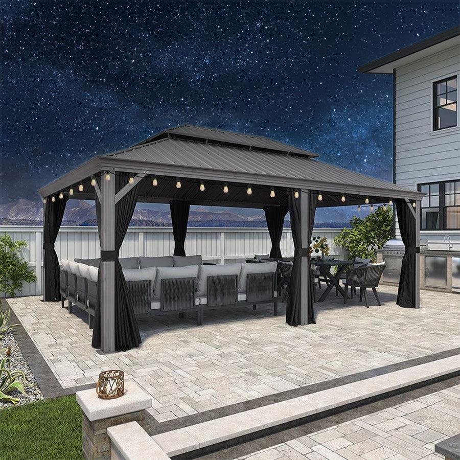 Patio Gazebo for Pool Light Grey Hardtop Galvanized Steel Roof with String Lights-clear - Image 56