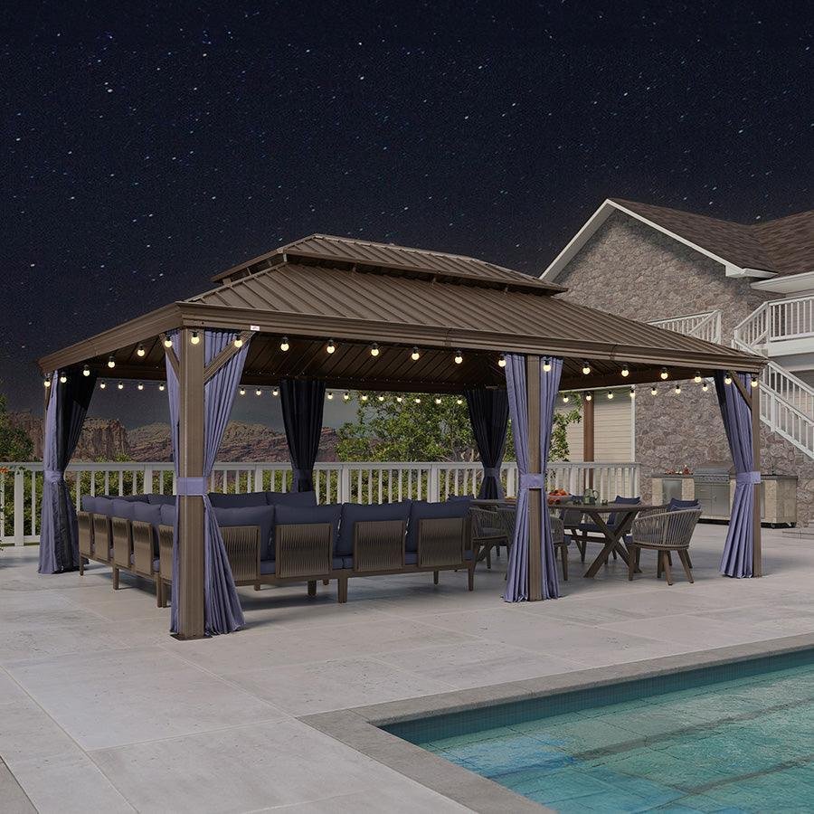 Outdoor Hardtop Gazebo for Patio Bronze Aluminum Frame Pavilion with Navy-Blue Curtain and String Lights-milky - Image 63