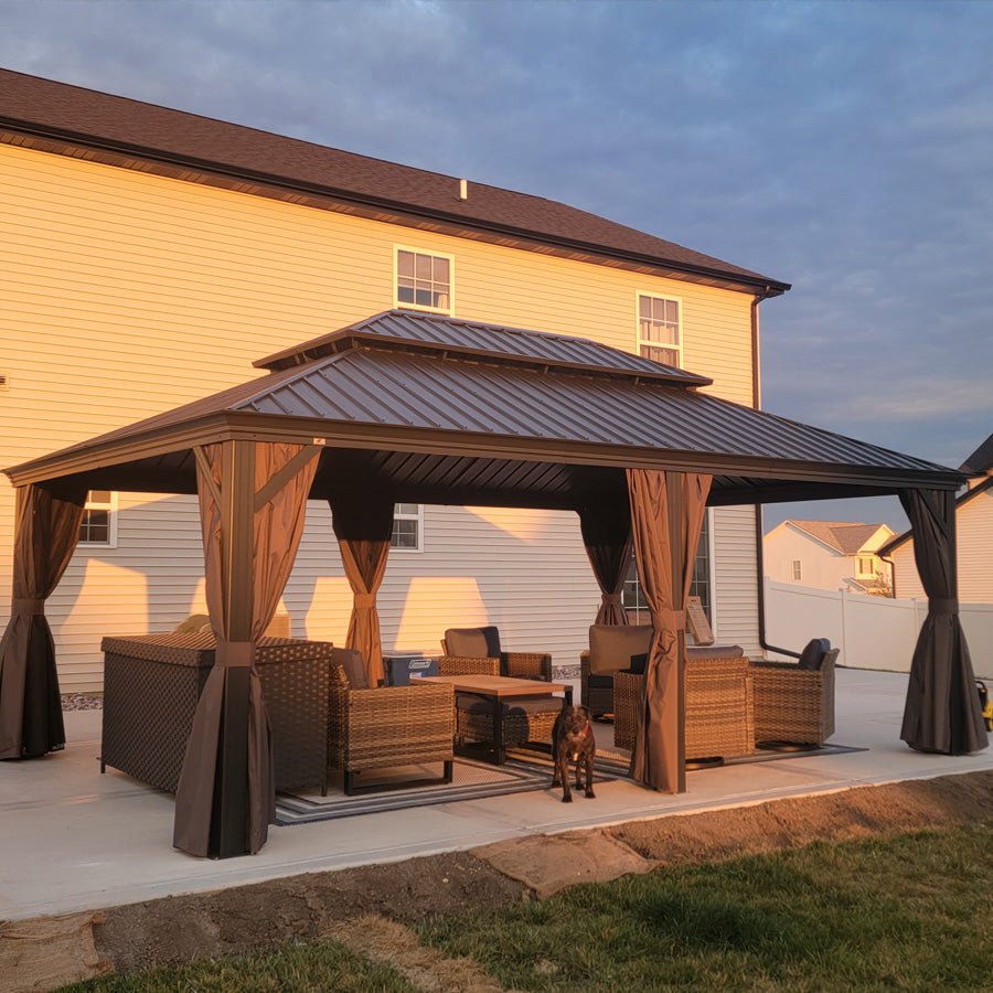 Gazebo for Backyard Grey Hardtop Galvanized Steel Roof Awning String Lights-milky - Image 105